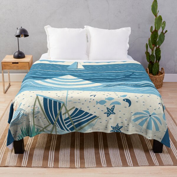 Item preview, Ocean beach scene with sailboat blue and white minimalist art designed and sold by Inktown.