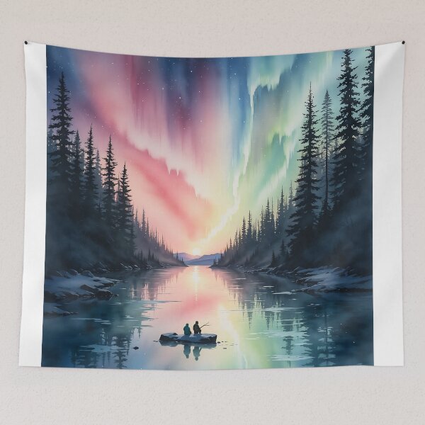Item preview, Enchanted Aurora Glow: Tranquil Canoeing Amid Forest and Luminous Skies designed and sold by PanoramaPrints.