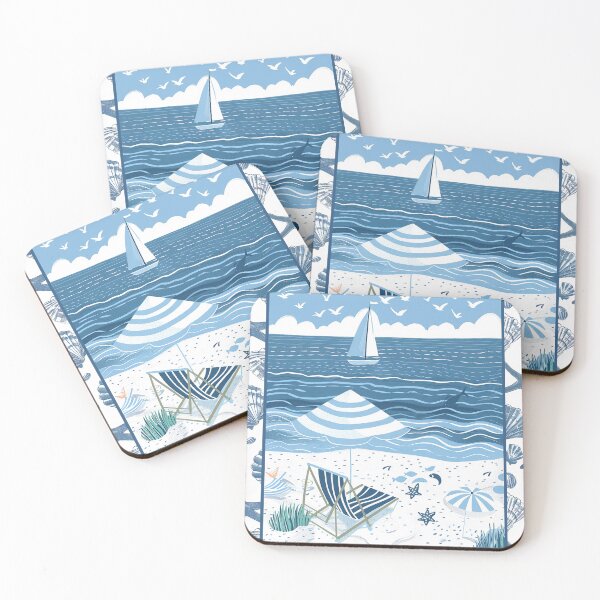 Item preview, Ocean beach scene with sailboat and seashells  blue and white minimalist art designed and sold by Inktown.