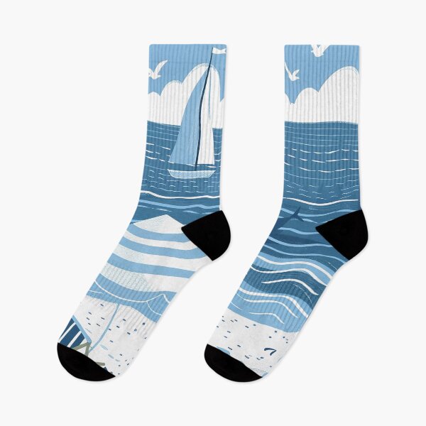 Item preview, Ocean beach scene with sailboat and seashells  blue and white minimalist art designed and sold by Inktown.