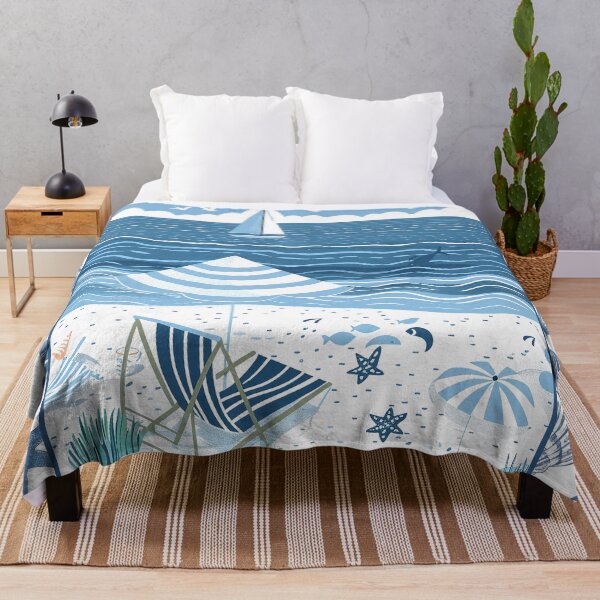 Item preview, Ocean beach scene with sailboat and seashells blue and white minimalist art designed and sold by Inktown.