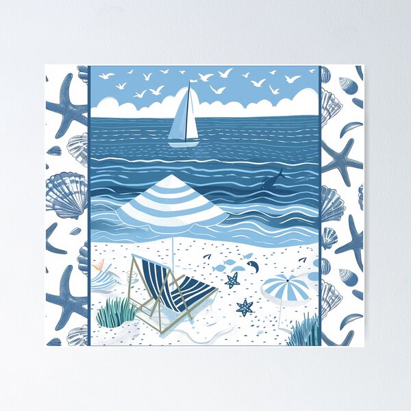 Item preview, Ocean beach scene with sailboat and seashells  blue and white minimalist art designed and sold by Inktown.