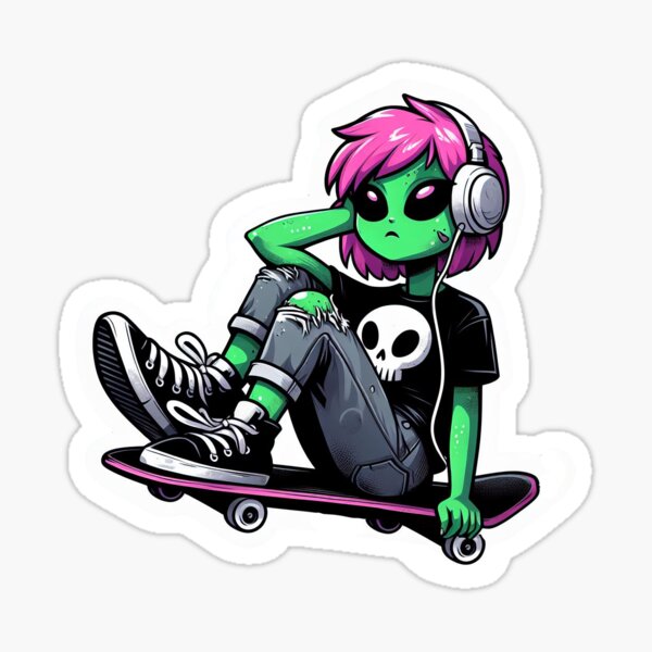 Skater Punk Alien Babe Cruising with Tunes Sticker