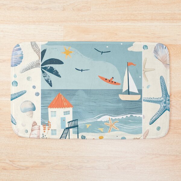 Item preview, Ocean beach scene with sailboat and seashells  coastal blue minimalist art designed and sold by Inktown.