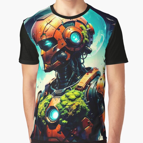 Vista previa del artículo con la obra «Robot Naranja rodeado de naturaleza », diseñado y vendido por PixelCraftDSG.