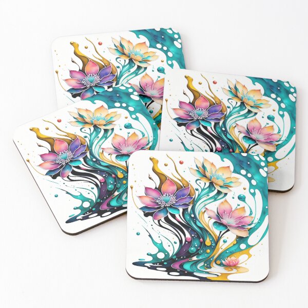 Item preview, Pink and Gold Flowers on Aqua Abstract Fluid designed and sold by rowanlafolle.