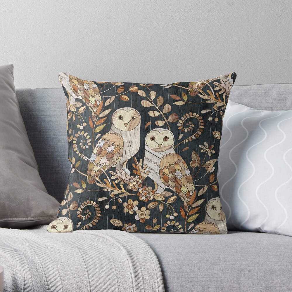 Wooden Wonderland Barn Owl Collage Throw Pillow