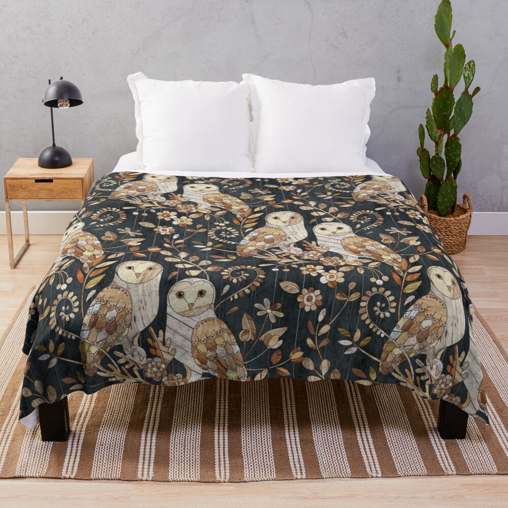 Wooden Wonderland Barn Owl Collage Throw Blanket