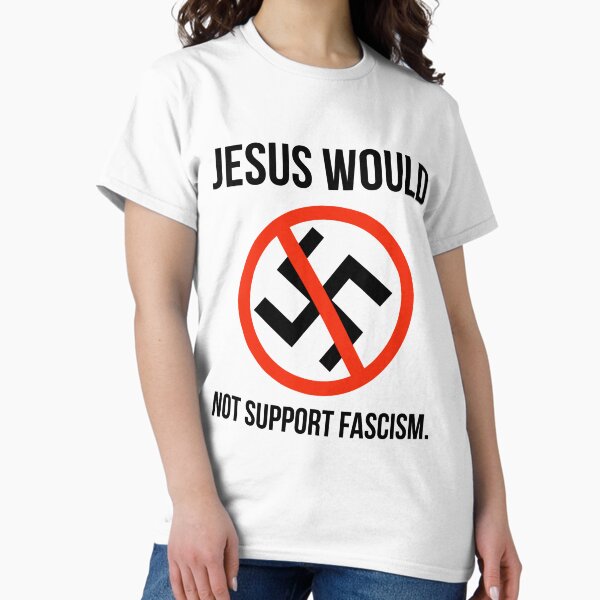 Vista previa del artículo con la obra «Jesús no apoyaría el fascismo », diseñado y vendido por Rachel the Artist .