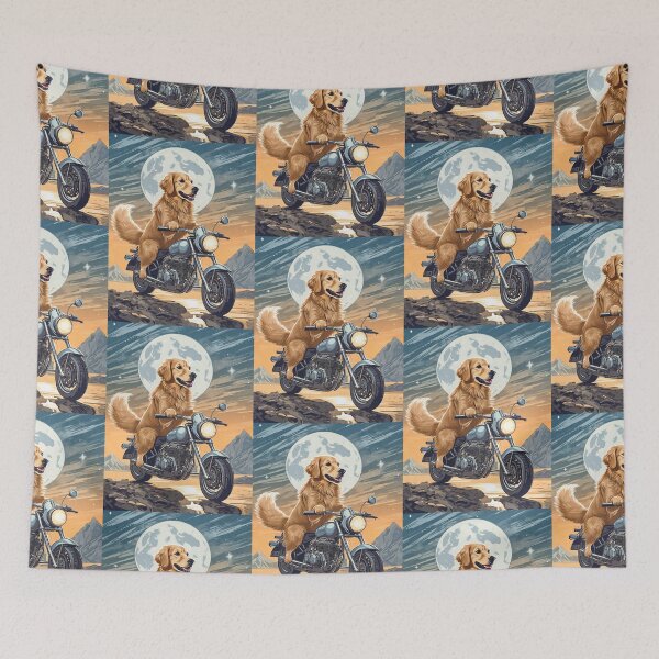 Item preview, golden retriever dog riding a motorbike on the surface of the moon designed and sold by planetgolden.