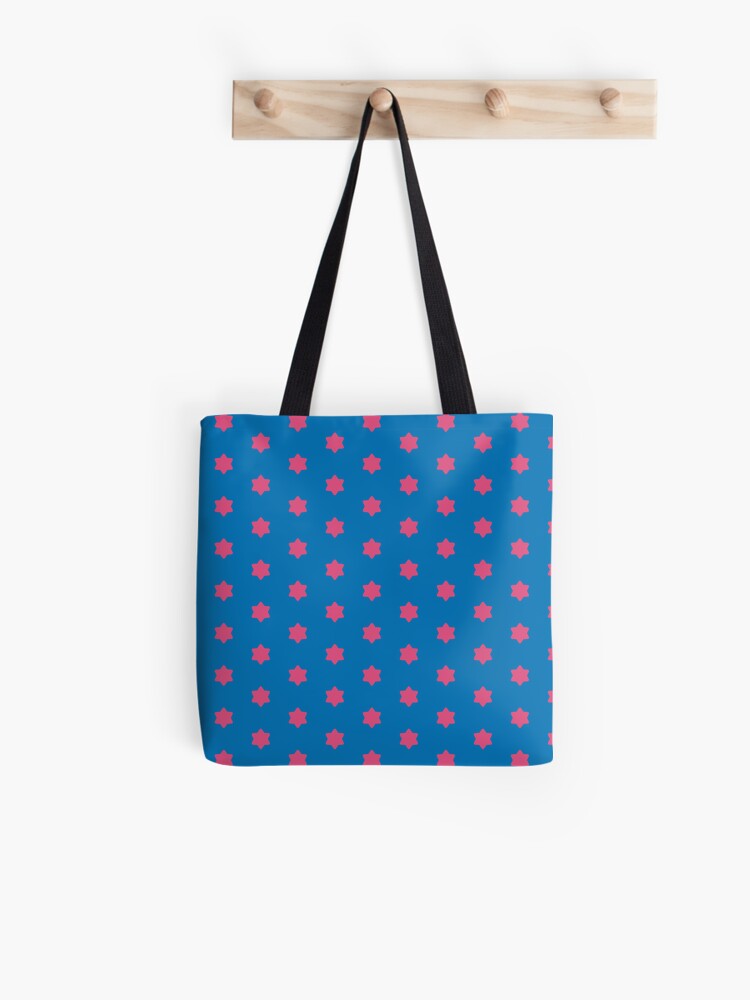 Tote Bag, Geometric Maximalist Rainbow Fandango Pink Six Pointed Stars On French Blue designed and sold by Triplicate Limited