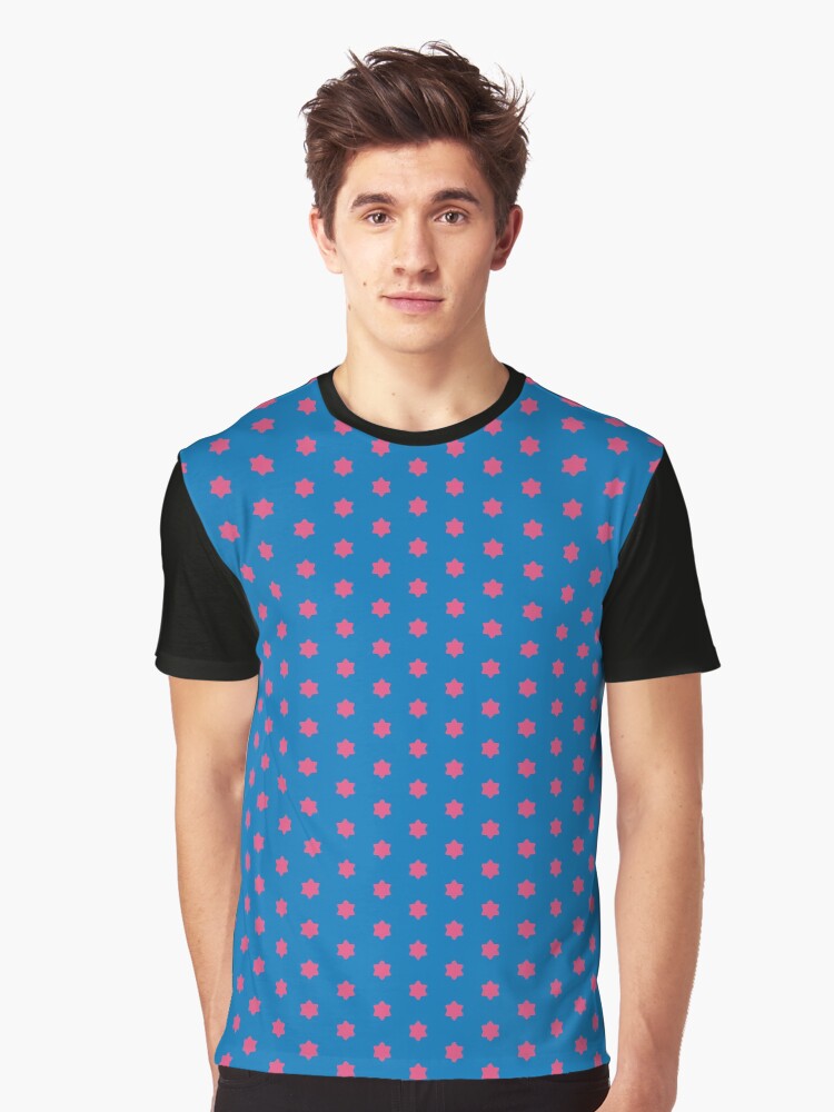 Graphic T-Shirt, Geometric Maximalist Rainbow Fandango Pink Six Pointed Stars On French Blue designed and sold by Triplicate Limited