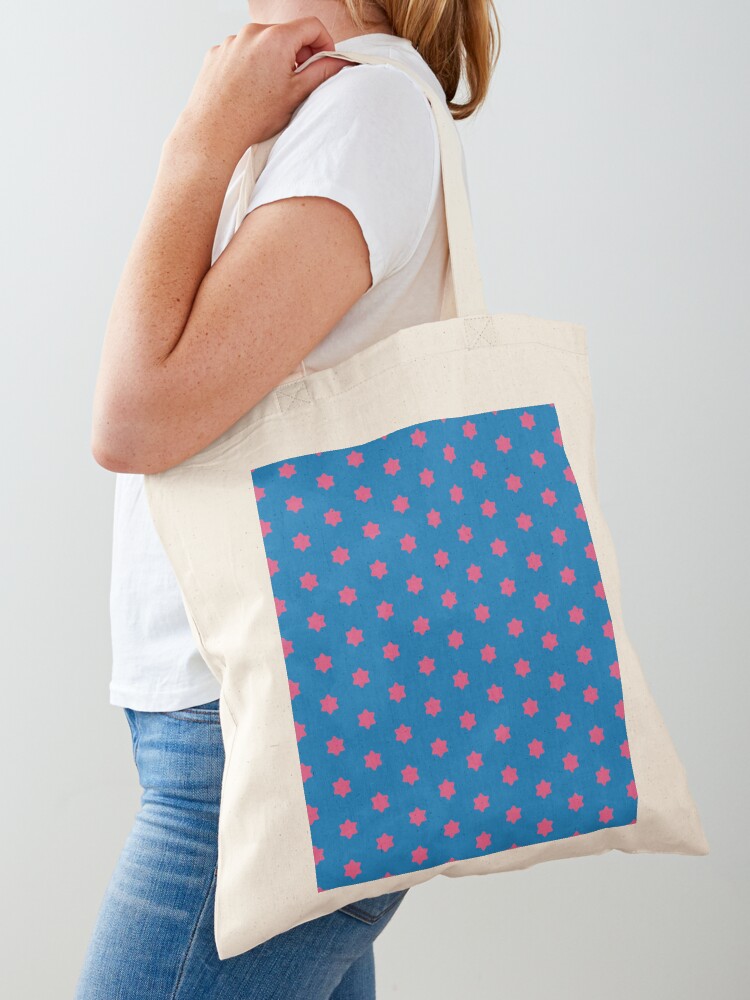 Tote Bag, Geometric Maximalist Rainbow Fandango Pink Six Pointed Stars On French Blue designed and sold by Triplicate Limited