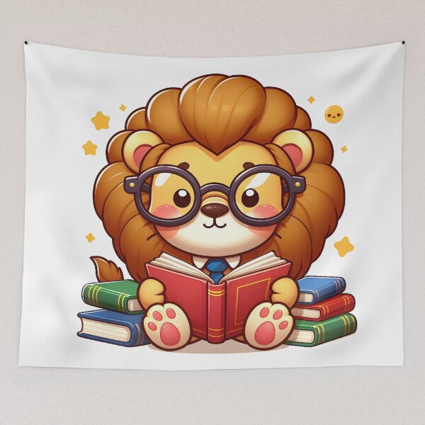 Item preview, Kawaii Lion With Glasses Reading A Book designed and sold by CanvasCutie.