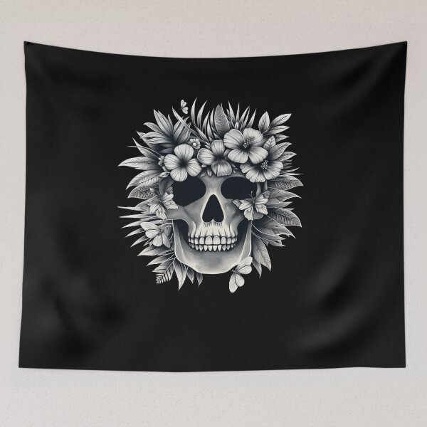 Item preview, Tropical Skull, black and white colors, cool beach, leaves and flowers designed and sold by Collagedream.