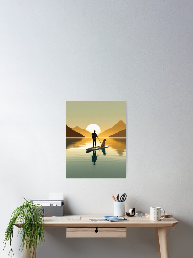 Thumbnail 2 of 3, Poster, tranquil silhouette scene of man and golden retriever dog on paddle board in early morning light designed and sold by planetgolden.