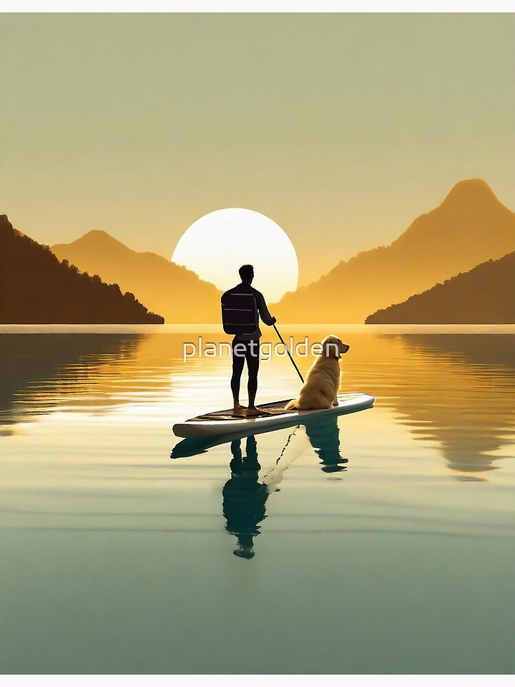 Thumbnail 3 of 3, Poster, tranquil silhouette scene of man and golden retriever dog on paddle board in early morning light designed and sold by planetgolden.