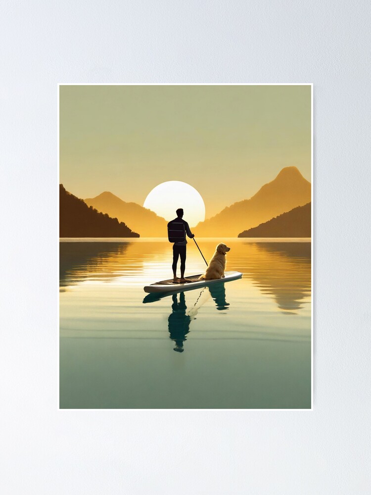 Thumbnail 1 of 3, Poster, tranquil silhouette scene of man and golden retriever dog on paddle board in early morning light designed and sold by planetgolden.