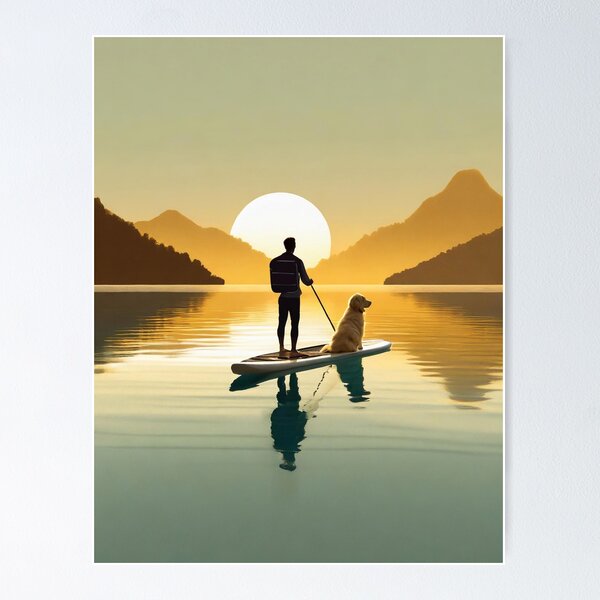 Item preview, tranquil silhouette scene of man and golden retriever dog on paddle board in early morning light designed and sold by planetgolden.