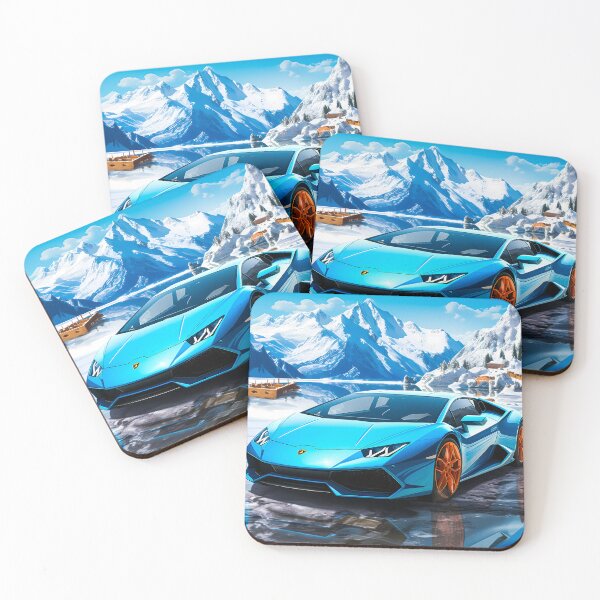 Item preview, Blue Lamborghini Huracan, Icy Majesty Supercar, Sports Car On Snowy Alpine Backdrop, High Octane Wall Art designed and sold by RevUpDesign.