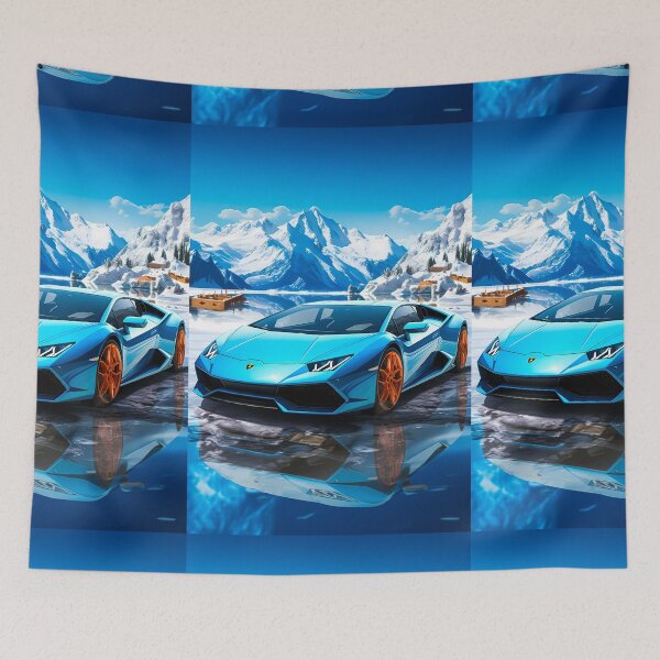 Item preview, Blue Lamborghini Huracan, Icy Majesty Supercar, Sports Car On Snowy Alpine Backdrop, High Octane Wall Art designed and sold by RevUpDesign.