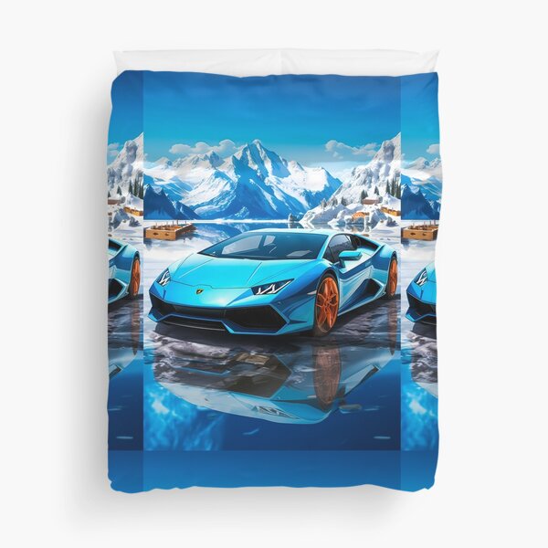 Item preview, Blue Lamborghini Huracan, Icy Majesty Supercar, Sports Car On Snowy Alpine Backdrop, High Octane Wall Art designed and sold by RevUpDesign.