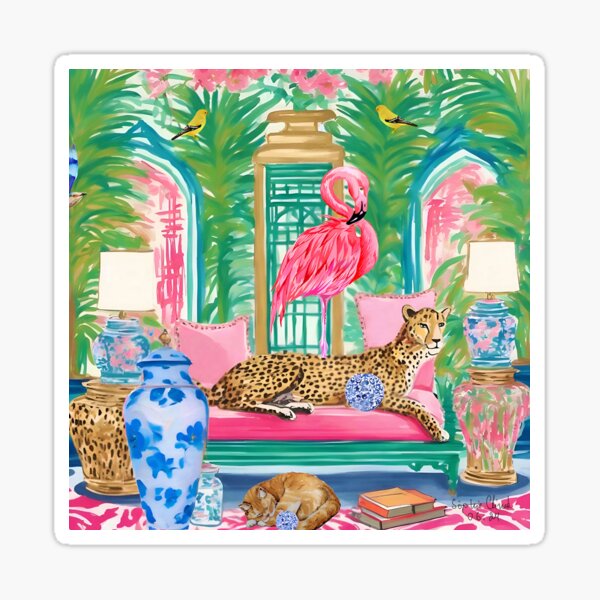 Item preview, Cheetah in pink and green chinoiserie interior designed and sold by SophieClimaArt.