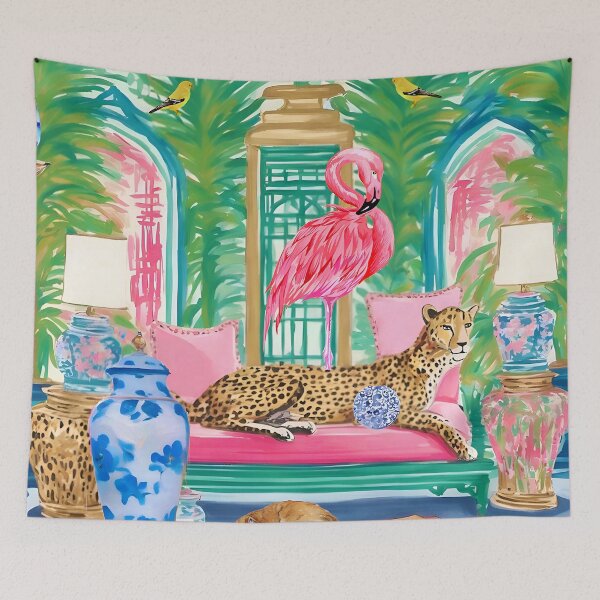 Artikelvorschau, Gepard in rosa und grün Chinoiserie Interieur entworfen und verkauft von SophieClimaArt.