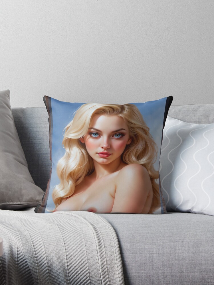 The Sky Adorns Her Beauty Pin Up Girl Portrait Nude Gorgeous AI Concept Art by Xzendor7 Decorative Art Print Nude Throw Pillow