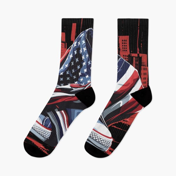 Item preview, American Flag Sneakers with Cityscape Background designed and sold by Quirky Shirts.