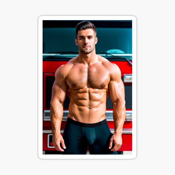 Item preview, Firefighter Bodybuilder in Black Trunks designed and sold by Bodies of Males.