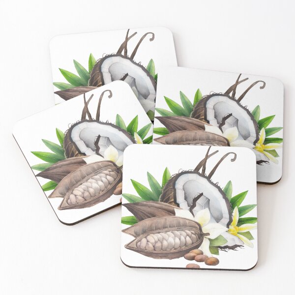 Item preview, Watercolor cocoa fruit, coconut and vanilla flowers designed and sold by Ekaterina Glazkova.