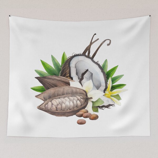 Item preview, Watercolor cocoa fruit, coconut and vanilla flowers designed and sold by Ekaterina Glazkova.