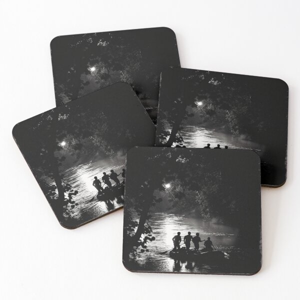 Item preview, Monochrome silhouette rafters against neon river Active Outdoors Inspired Art designed and sold by CDC40.