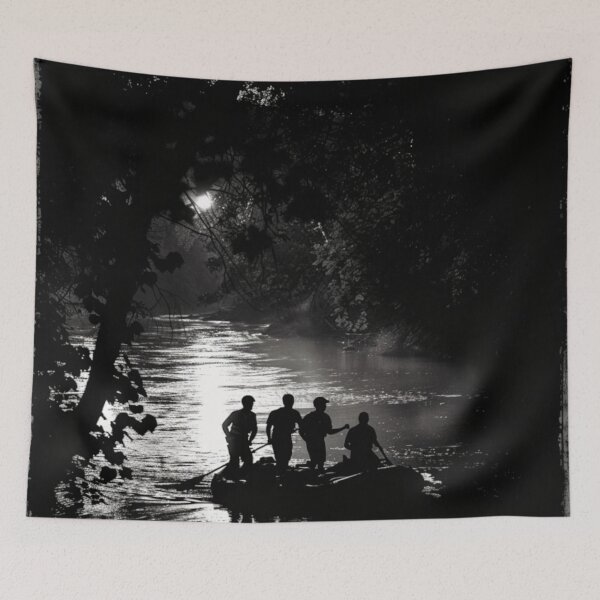 Item preview, Monochrome silhouette rafters against neon river Active Outdoors Inspired Art designed and sold by CDC40.