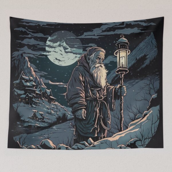 Item preview, Snowy Solitude: Elderly Man with Lantern designed and sold by art-noir.