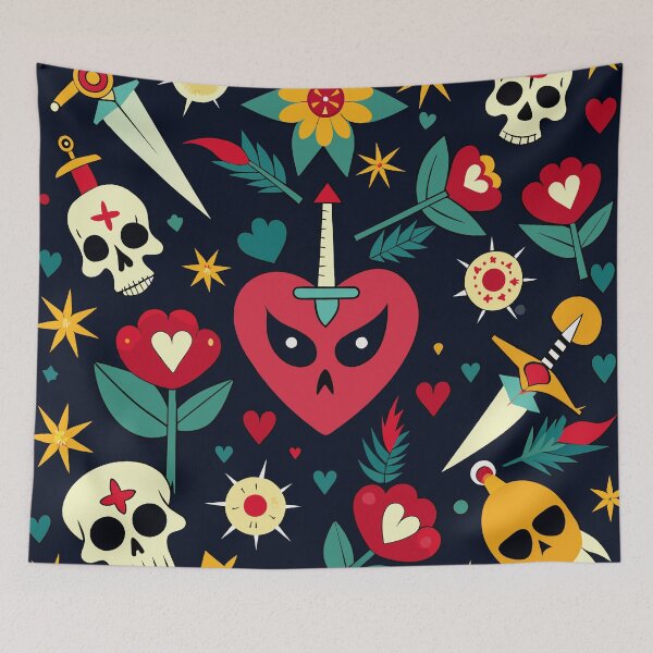 Item preview, Memento mori, a bizarre pattern of hearths, skulls, flowers and swords designed and sold by therockstuff.