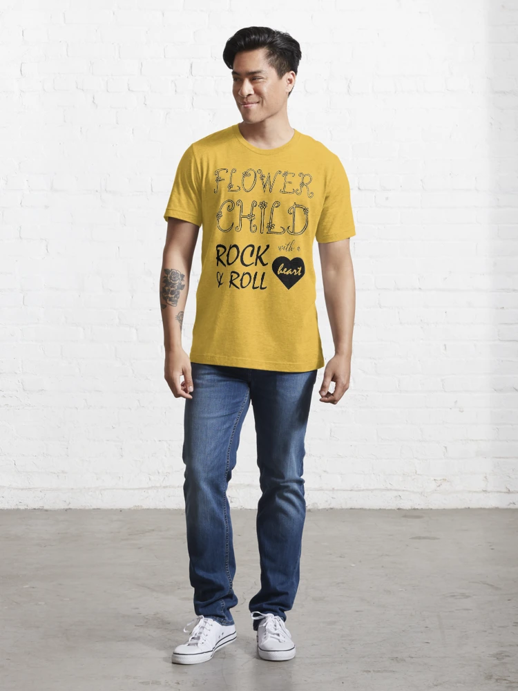 flower child with a rock and roll heart shirt