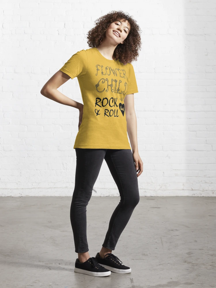 flower child with a rock and roll heart shirt