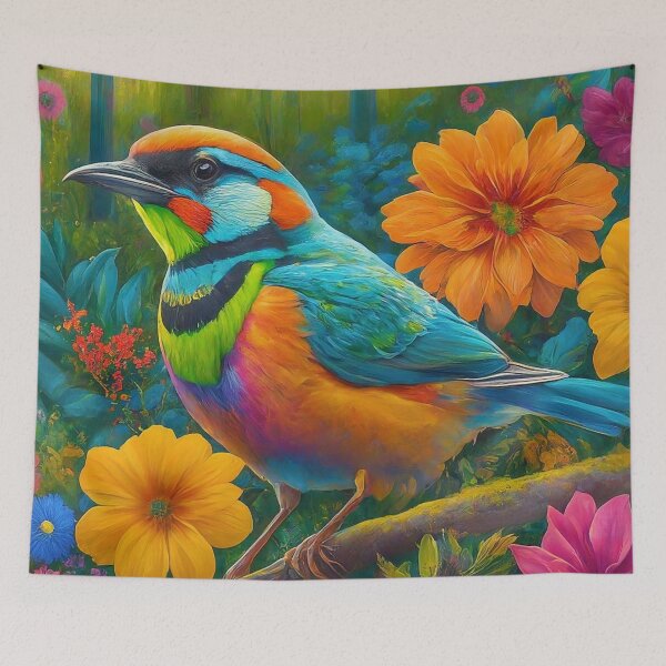 Item preview, Beautiful Colorful Bird with vibrant tropical flowers and forest nature background designed and sold by LMStudioDesigns.