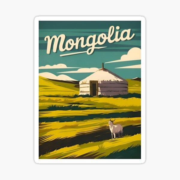 Aperçu de l'œuvre Vintage Voyage Mongolie Steppe Paysage Yourte Rétro Graphique  créée et vendue par Blazing-Arts.