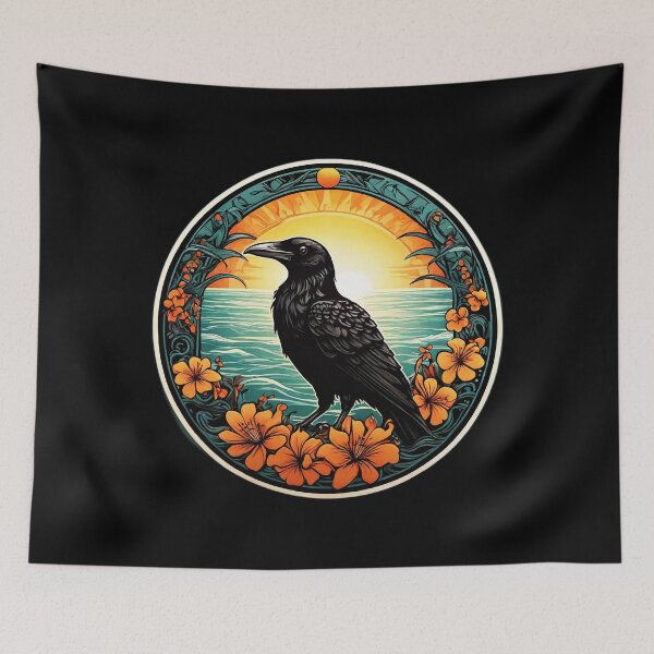 Item preview, Sunset Beach Raven by the Ocean with Flowers designed and sold by NautiChic.
