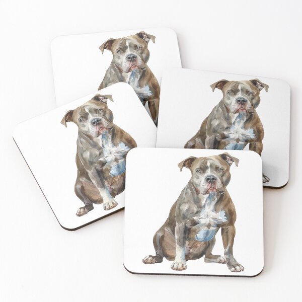 Item preview, brown pitbull watercolor art designed and sold by EmeraldeaArt.