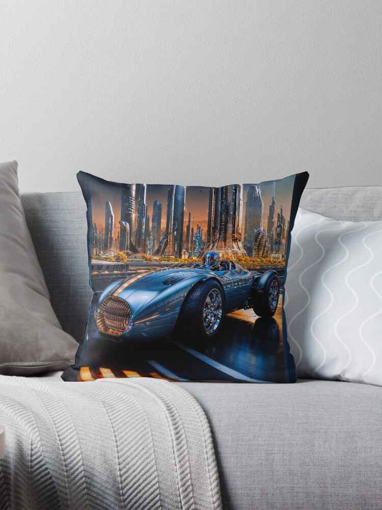 Blue Magnum Gold Star Racer Amidst A Futuristic Cityscape Astounding AI Concept Art by Xzendor7 Decorative Art Print Throw Pillow
