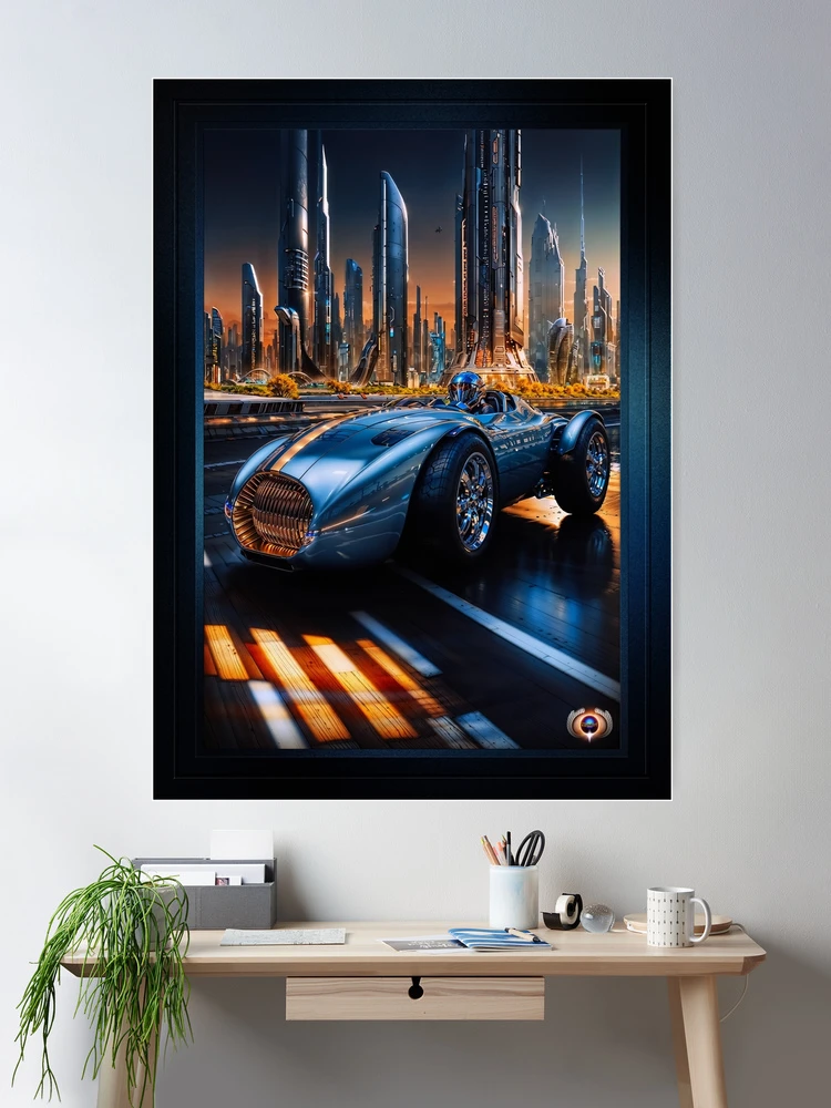 Blue Magnum Gold Star Racer Amidst A Futuristic Cityscape Astounding AI Concept Art by Xzendor7 Room Decor Poster Art Print 