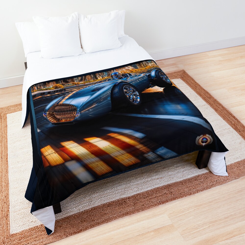 Blue Magnum Gold Star Racer Amidst A Futuristic Cityscape Astounding AI Concept Art by Xzendor7 Decorative Art Print Comforter