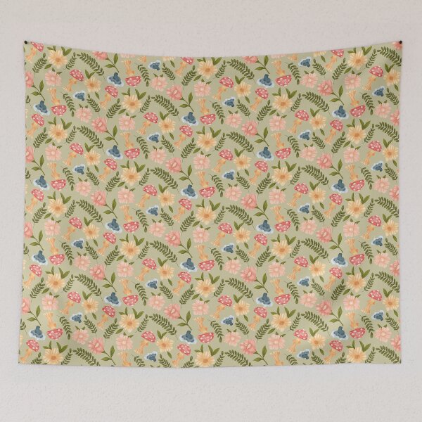 Item preview, Woodland Autumn with red and blue mushrooms, flowers and botanicals in green designed and sold by JasmineGDesigns.