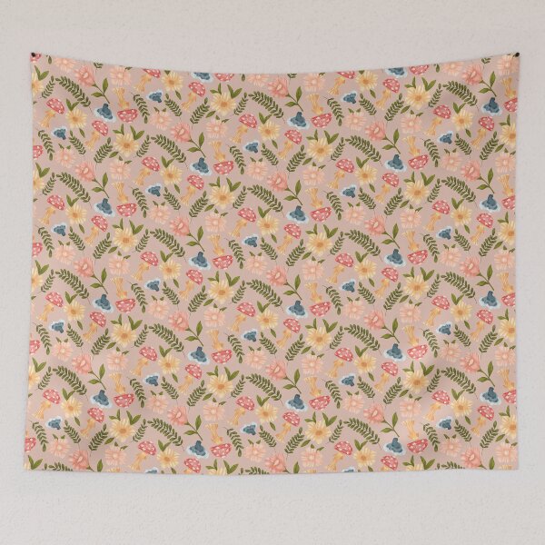 Item preview, Woodland Autumn with red and blue mushrooms, flowers and botanicals in pink designed and sold by JasmineGDesigns.