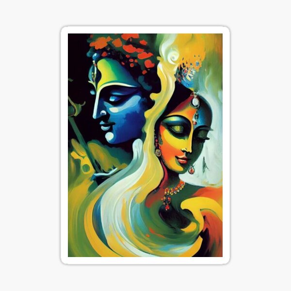 Item preview,  Modern Oil Color Print of Radha Krishna's Face in a Fluid Pattern Design,,, designed and sold by RedBloom Creation.