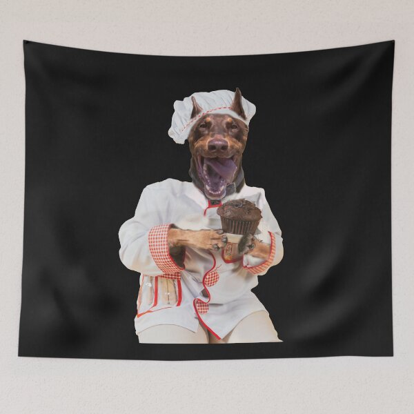 Item preview, Doberman Pinscher cooking in kitchen designed and sold by CatsArtStore.